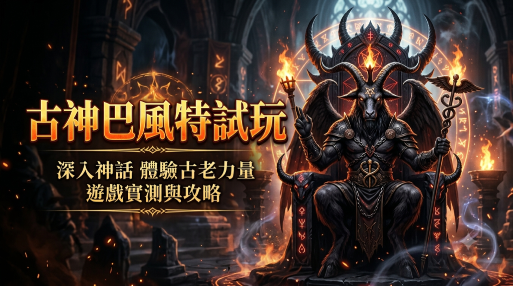 這張圖片展現了古神巴風特坐於王座上的莊嚴形象，整體氛圍充滿黑暗神話色彩。 標題「古神巴風特試玩」醒目呈現，並搭配「深入神話 體驗古老力量 遊戲實測與攻略」的副標題。