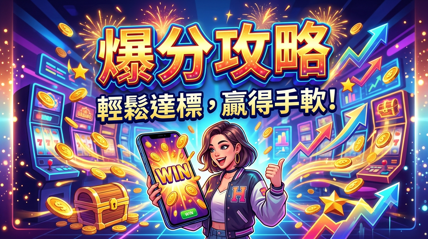 圖中描繪了一位興奮的女性正持手機展示勝利畫面，背景充滿了老虎機、金幣與上升的數據圖表，整體視覺效果極具吸引力與動感。