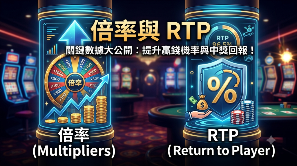 這是一張關於博弈遊戲中「倍率」與「RTP」概念的專業 SEO 縮圖，背景為科技感的娛樂場環境。 圖片透過左側象徵高倍率獎金的轉盤與右側代表玩家回報率的百分比護盾，清晰視覺化了提升中獎機率與回報的核心概念。